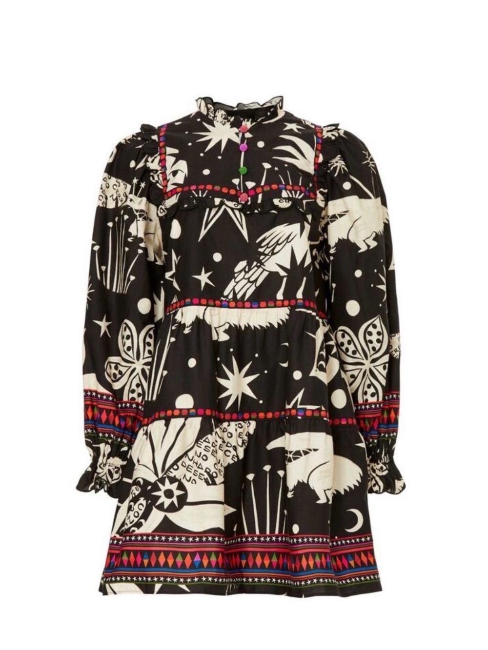 FARM Rio Black and White Celestial Print Midi Dress with Pink and Red Trim